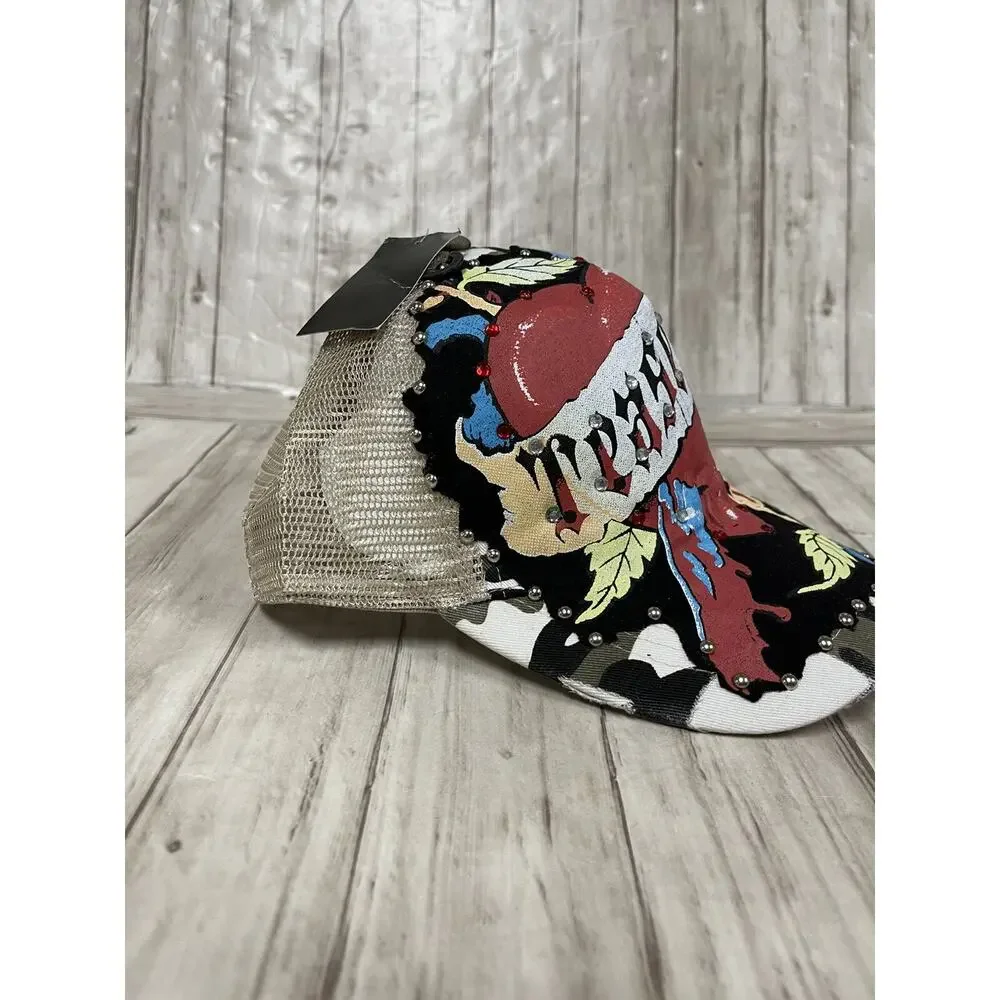 Bulzeye Hat Mens Beaded Cap Camo Tease Me Print Heart Embroidered Ripped A3